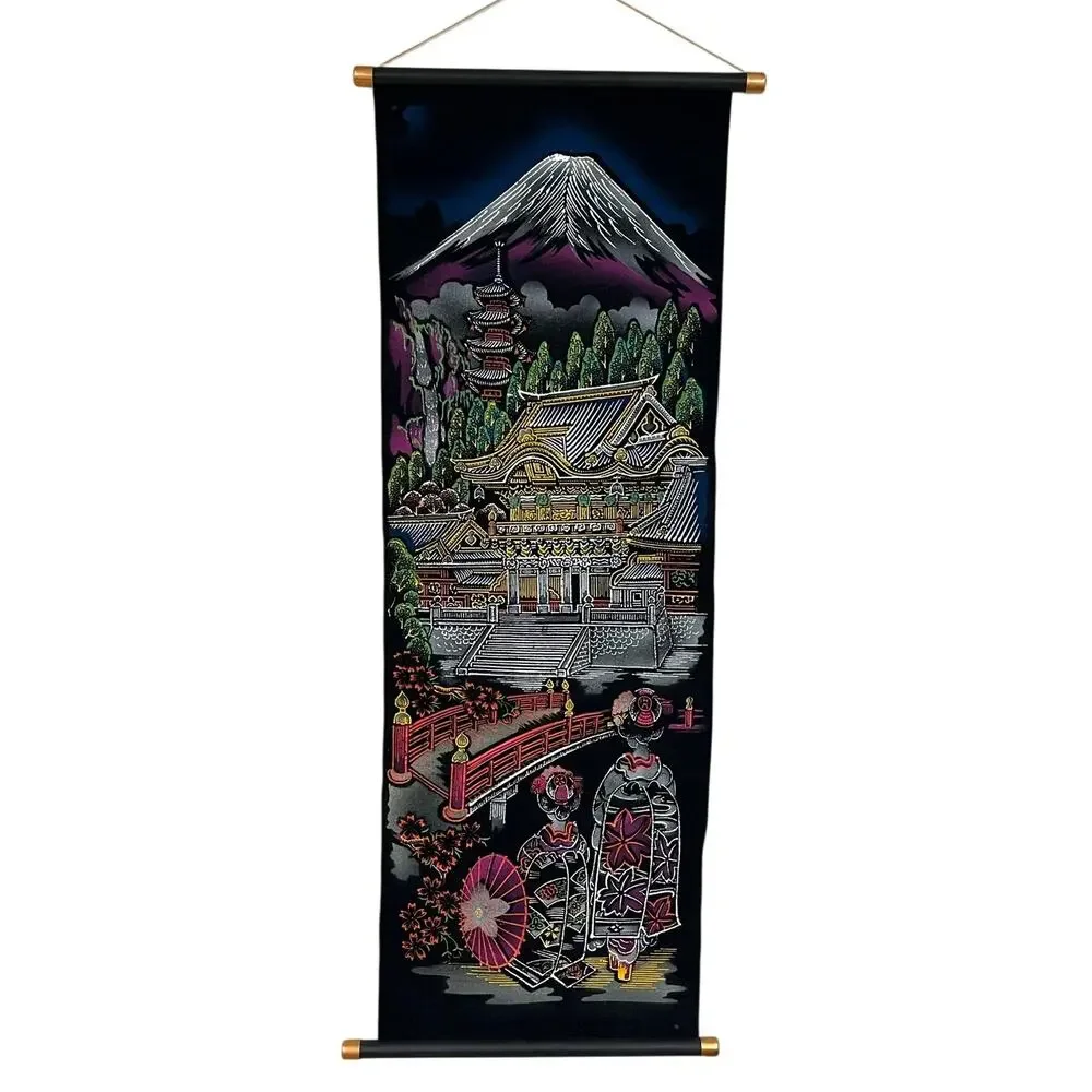 Japanese‎ Wall Scroll Temple Scene Textile Art Hanging Asian Decor Made in Japan